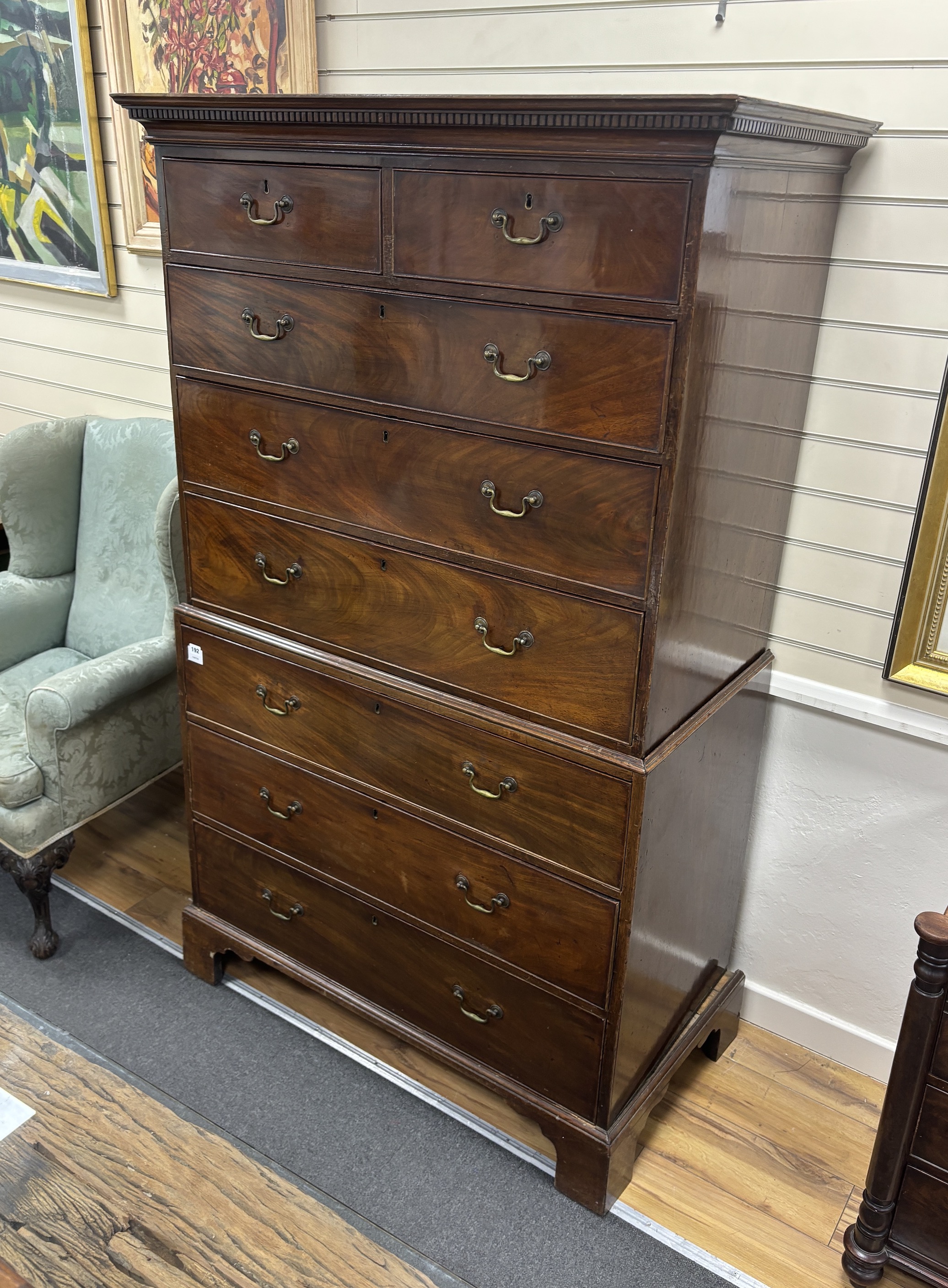 A George III mahogany chest on chest, width 113cm, depth 59cm, height 187cm